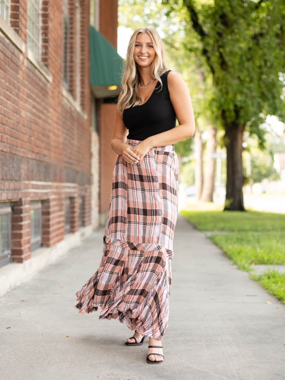 NWT Free People skirt Bordeaux Plaid Tiered Maxi peach - renaissance S (XS-M?) - Picture 14 of 17